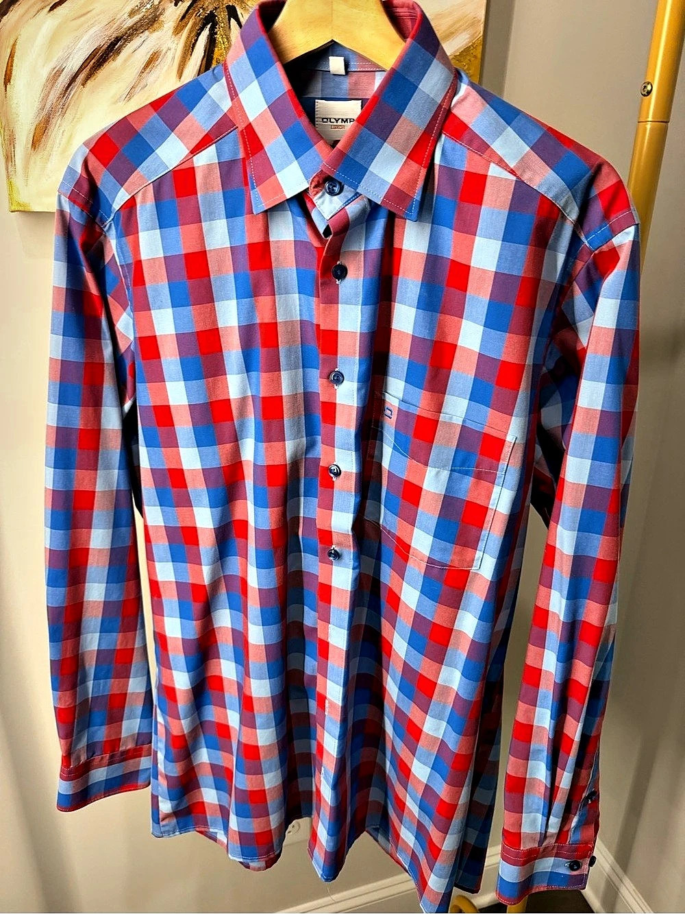 Olymp Luxor Modern Fit Checkered Button Down Blue & Red Waist 16.5/41